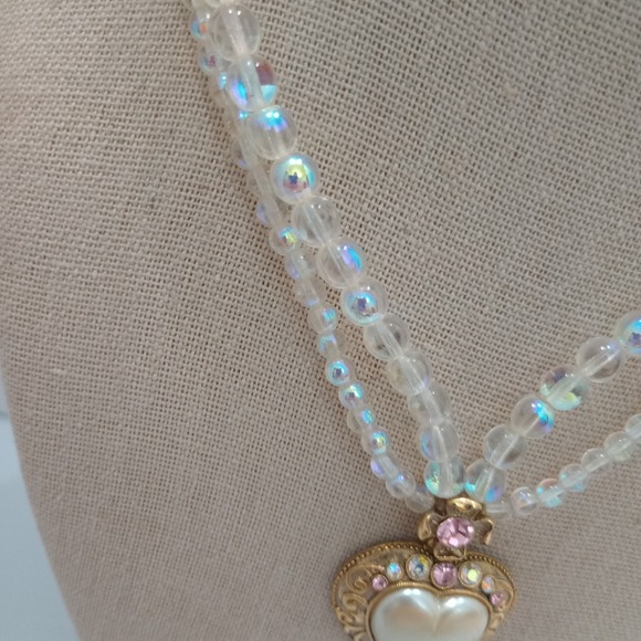 1928 Jewelry Co Fancy Double Strand AB Bead Heart Pendant Gold Tone Necklace 18" - Picture 4 of 11